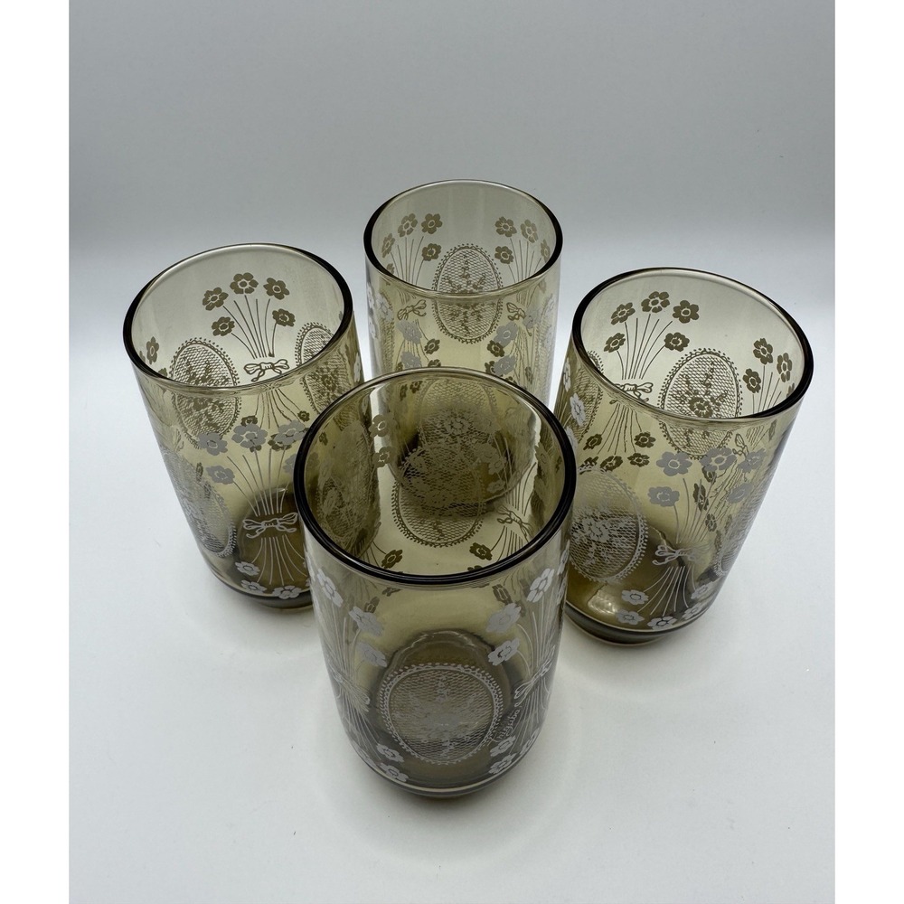 Anchor Hocking Tribuga Glasses Smoky White Floral Set Of 4